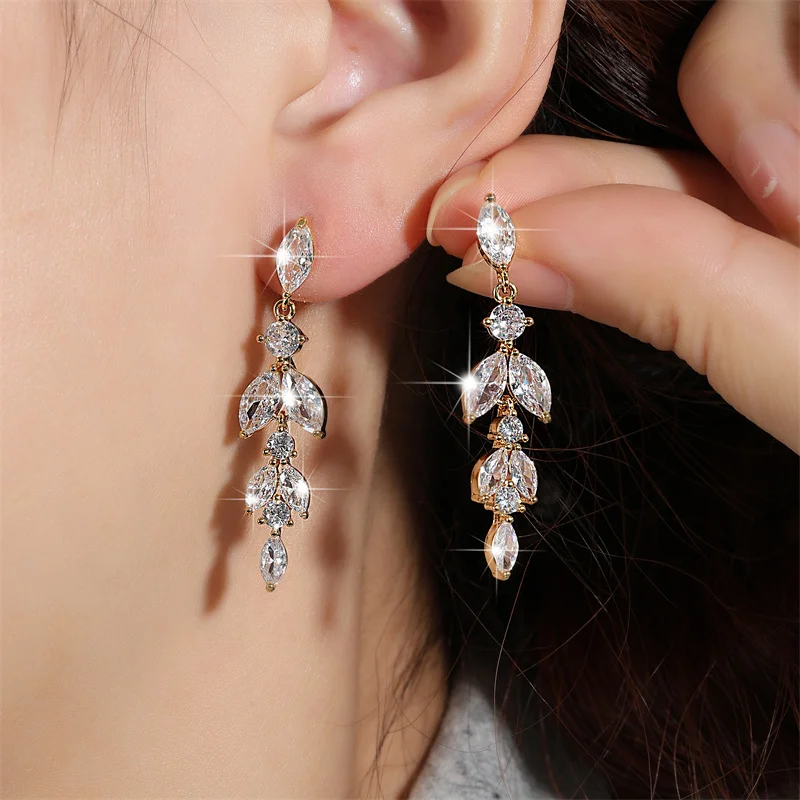 ZAKOL Elegant Leaf Cubic Zirconia Drop Earrings for Women Shiny CZ Bridal Long Earring Wedding Stylish Jewelry