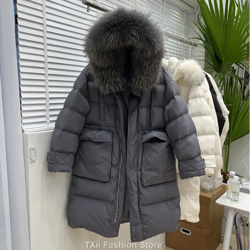 TXii New 2023 Big Real Raccoon Fur Hooded Duck Down Coat Waterproof Winter Women\'s Long Puffer Jacket Female Rain Feather Parkas