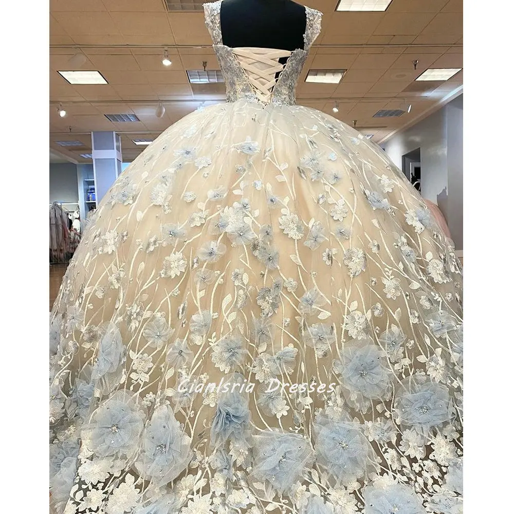 Champagne Off The Shoulder Appliques Lace Ball Gown Quinceanera Dresses With Light Blue 3D Flowers Corset Sweet 15 Girls Party