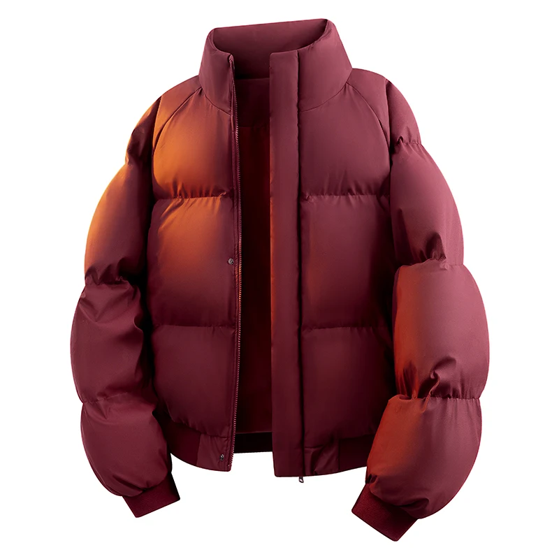 Parka en cuir PU bordeaux pour hommes, veste bouffante rembourrée à col montant, coupe ample, couleur unie, manteau Parka en PU pour Couple, manteaux Streetwear