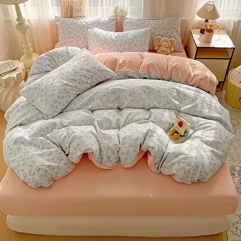 Pastoral Country Printing Bedding Set Double-Layer Yarn Floral Pattern Bedclothes for Single Four Seasons Soft Bed Decoration