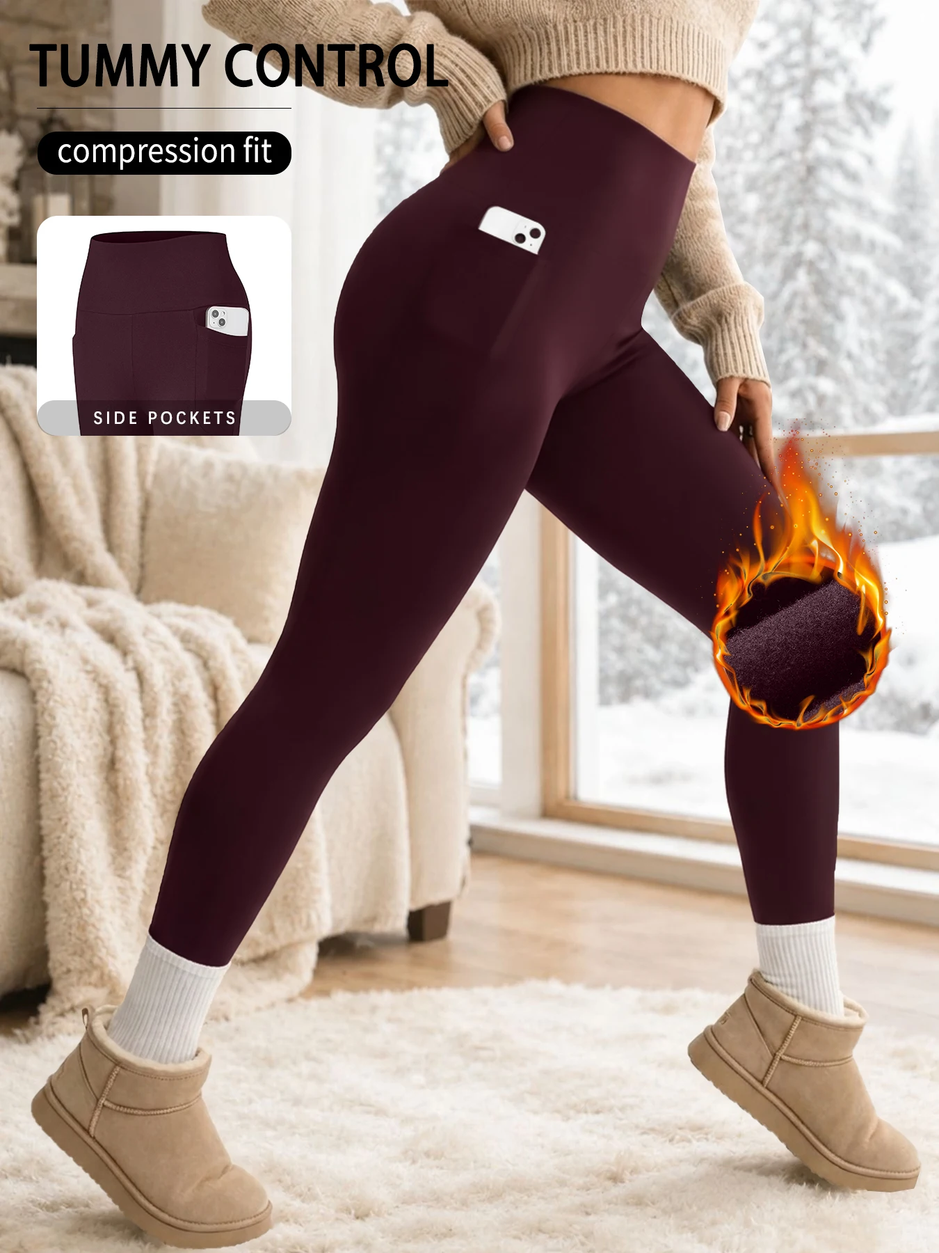 Womens Thermal Fleece Lined High Waisted with pockets Leggings, Workout Winter Warm Thick Tights Soft Yoga Running Pants