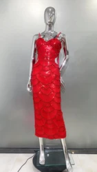 New Red Color Women Sexy Strap Shinning Beading Sequins Bodycon Long Dress Celebrate Evening Party Cocktail Dress Wholesale