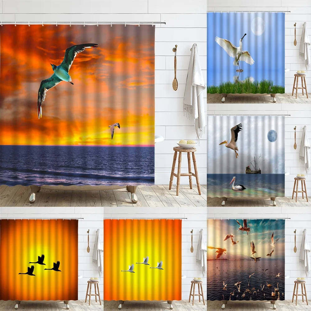 

Ocean Seagull Shower Curtain Birds Animal Wild Goose Boat Sailing Bathtub Decor Bathroom Curtains Waterproof Fabric Screen Home