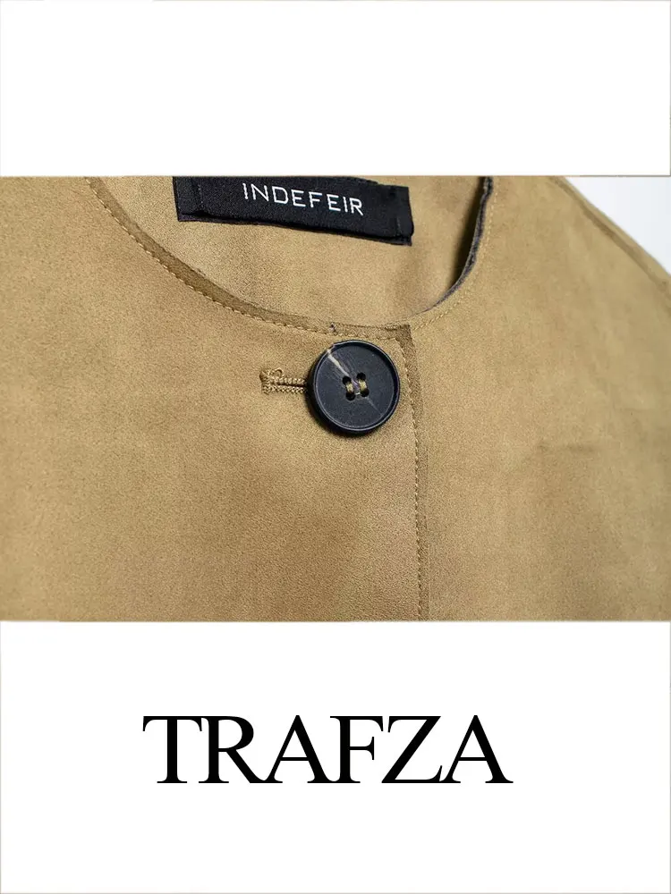 TRAFZA Jaket Wanita efek tekstur Suede Fashion musim panas mantel jaket wanita bersaku satu baris leher bulat Retro