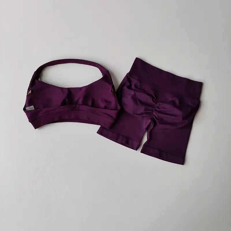 Sexy Halter Neck Beautiful Back High Waist Peach Sports Bras Shorts Suit Pilates Gathering Yoga Vest Training Fitness Bra Sets - 3
