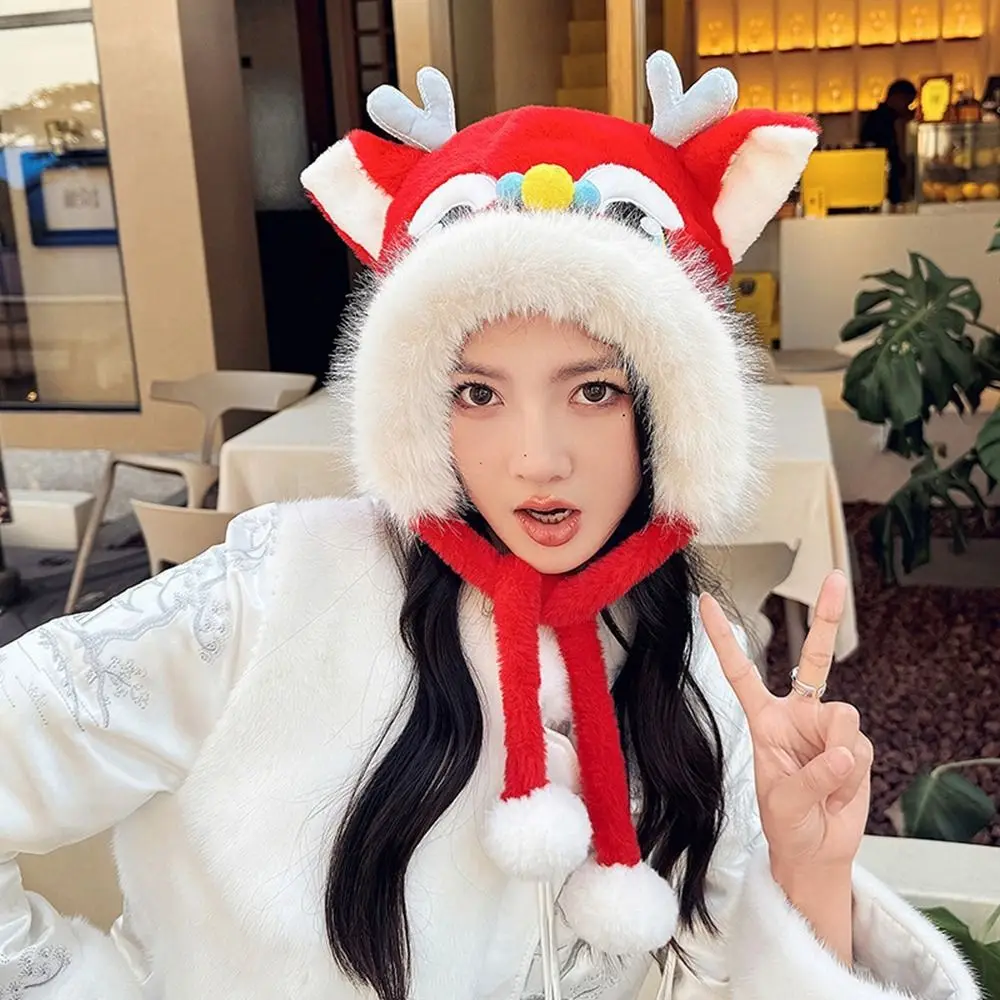 Ear Muffs Lion Dance Beanies Hat Tassels Lace Up Winter Plush Warm Hat Thickened Cute New Year Pullover Cap New Year Gift