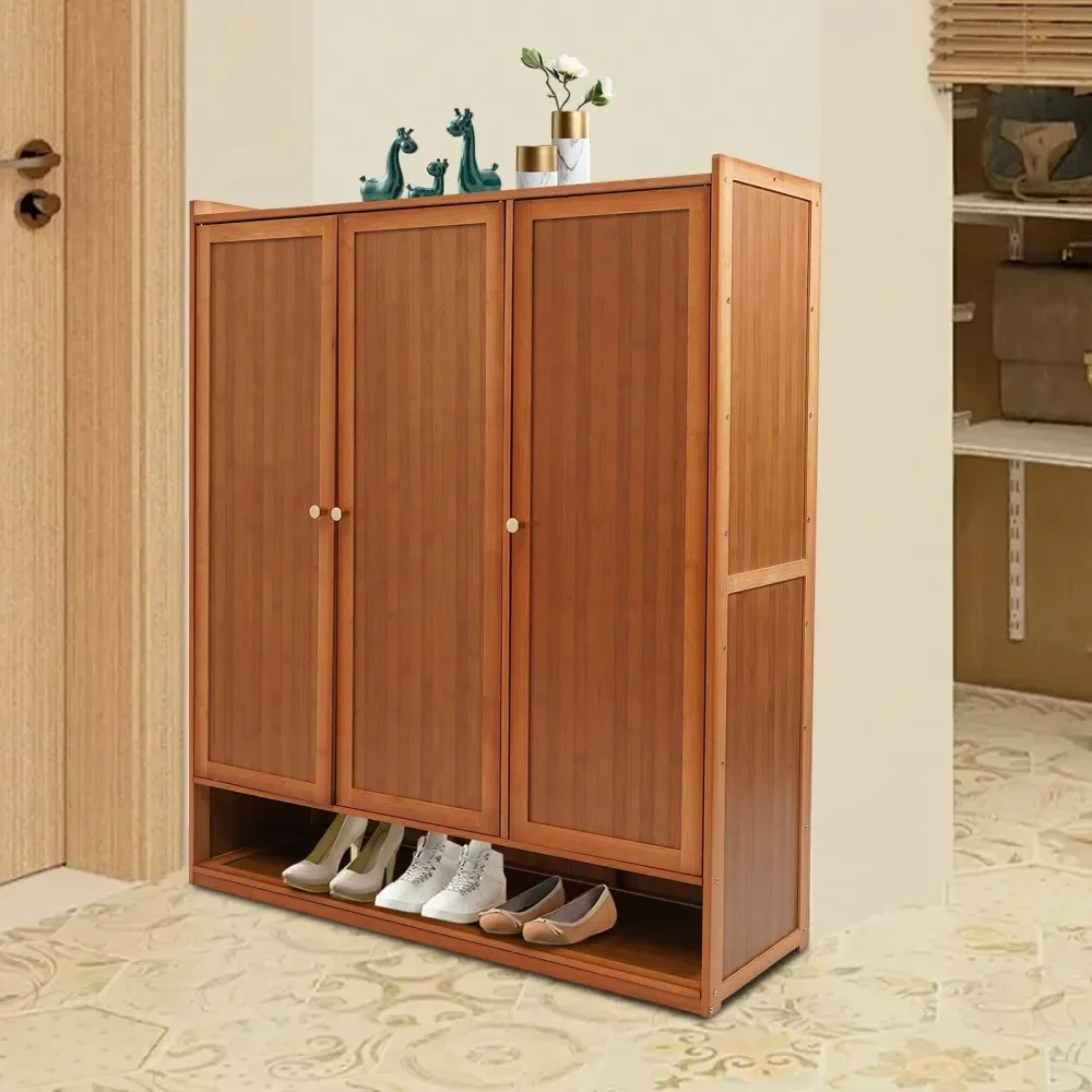 

1pc 8 Tiers Brown Shoe Storage Cabinet With Shutter Doors, MultiLayer New Bamboo Shoe Floor Storage Organizer Rack, Household S