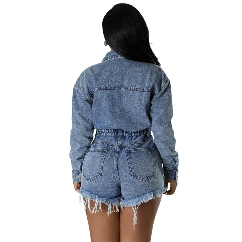 Snap Button Patchwork Denim Jumpsuit Shorts Women Fashion Elasticated Waist Broken Holes Tassel Rompers Female Casual Streetwear