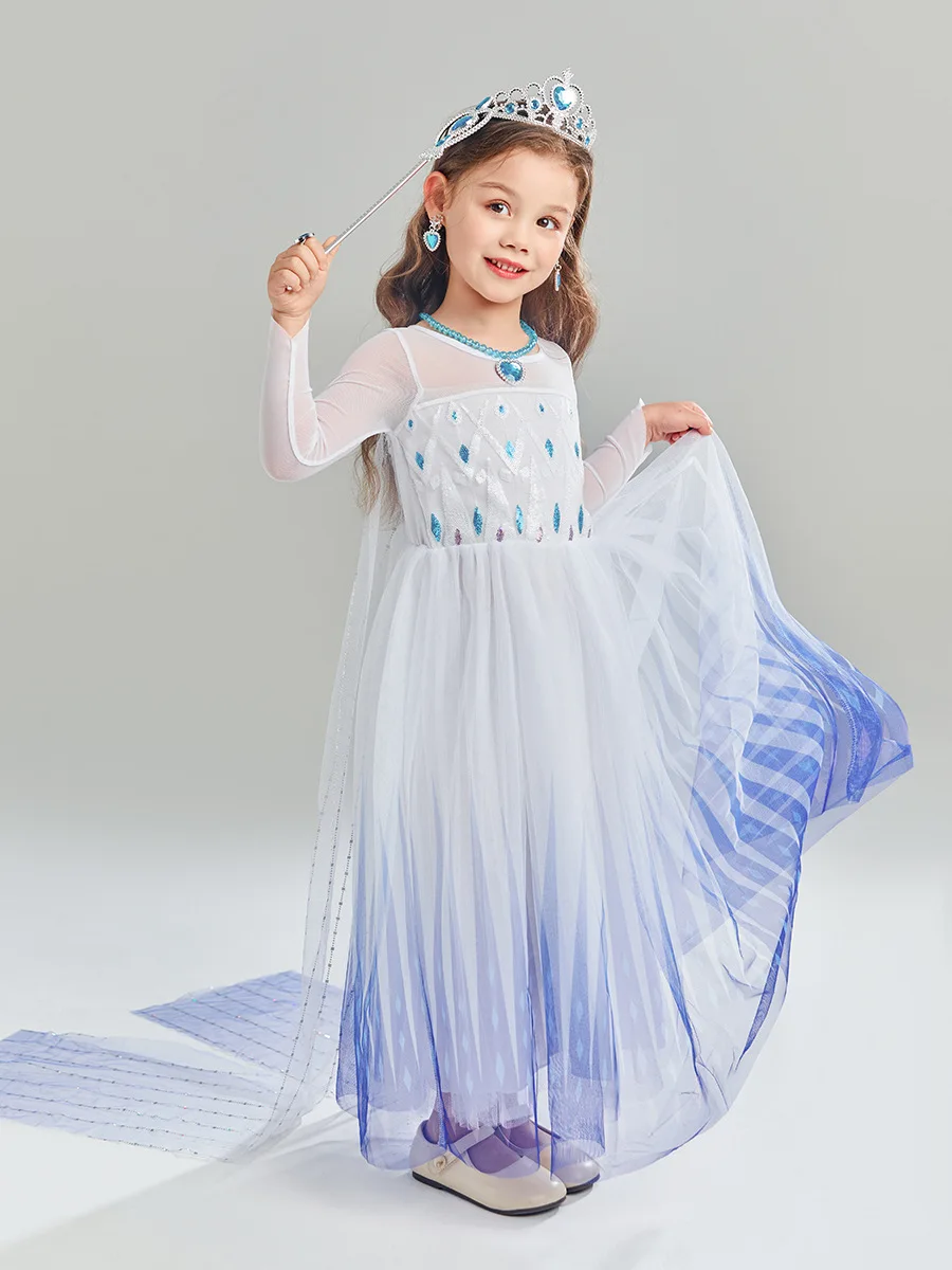 Weißes Schneekönigin Elsa Kleid Cosplay-Kostüm für kleine Mädchen, Feiertags-, Geburtstags-, Karnevals-Rollenspiel-Outfit – Detail 11