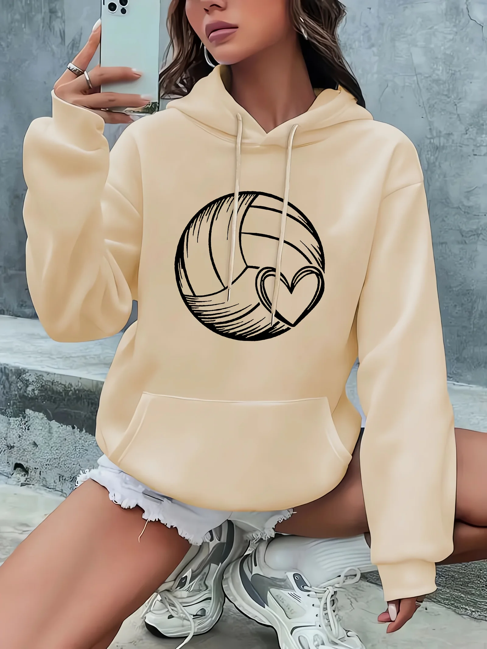2025 Autumn and Winter Women's Volleyball and Heart Pattern Hooded Sweatshirt Pullover Casual Volleyball Hoodie Personality Y2K