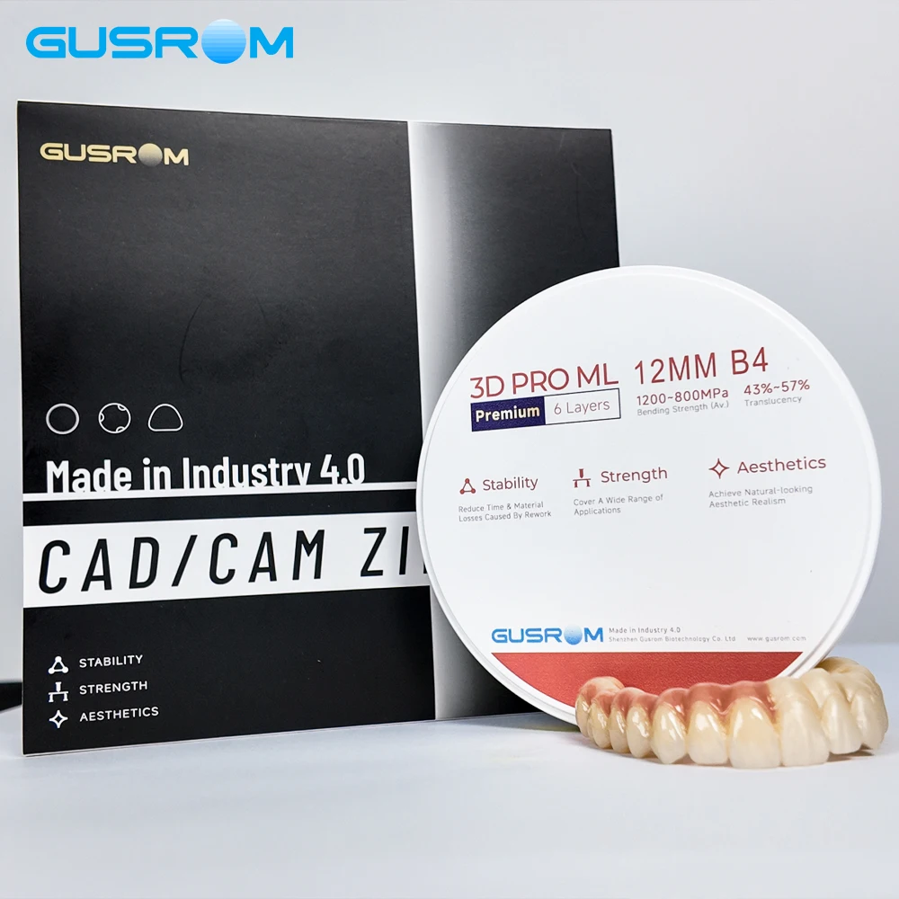 GUSROM 3D PRO ML Premium Multilayer Zirconia Block 98mm 6 Layers 1200MPa High Strength 57% Translucency Dental CAD CAM Crown Bri