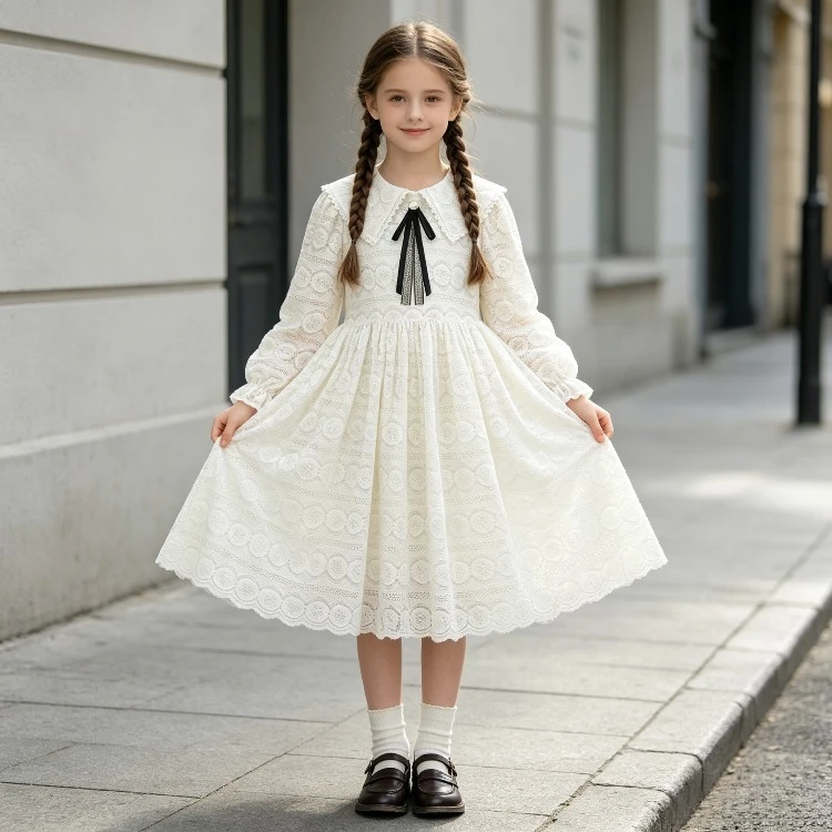 Girls Eyelet Lace Dress Ruffle Collar Black Bow Long Sleeve Pleated Hem Vintage French Style Kids 4-12 Years Party Daily Wear