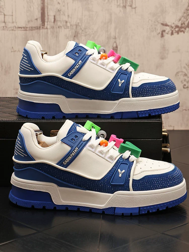 Sneakers Casual Mens Designer Punk Rhinestone Shoes Fashion Microfiber Leather Breathable Height Increased Flat Platform Shoes