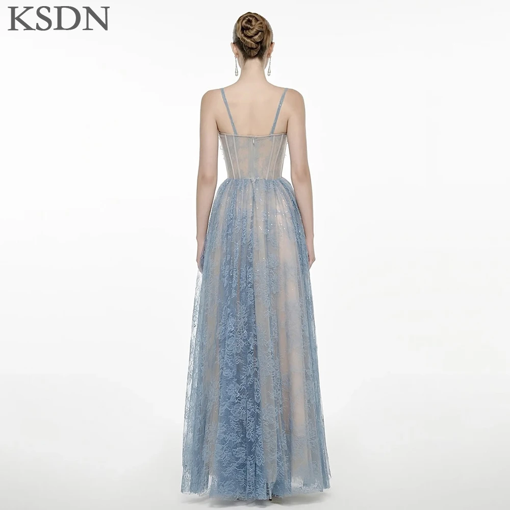 KSDN élégant Spaghetti sangle robes de soirée de luxe dentelle longueur de plancher drapé sans manches robes personnalisé Illusion robe robes