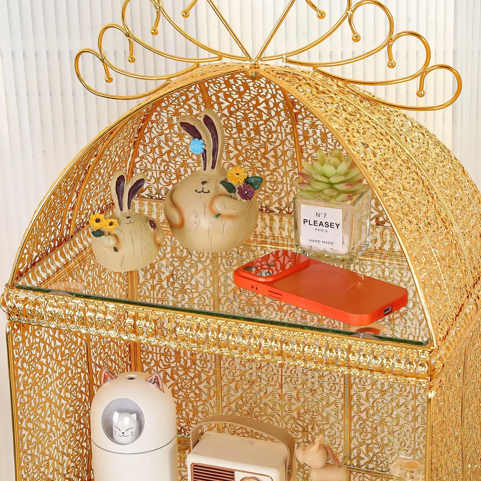 European high-grade metal hollow glass movable cabinet, living room decorative shelf, bookcase, bedroom bedside shelf