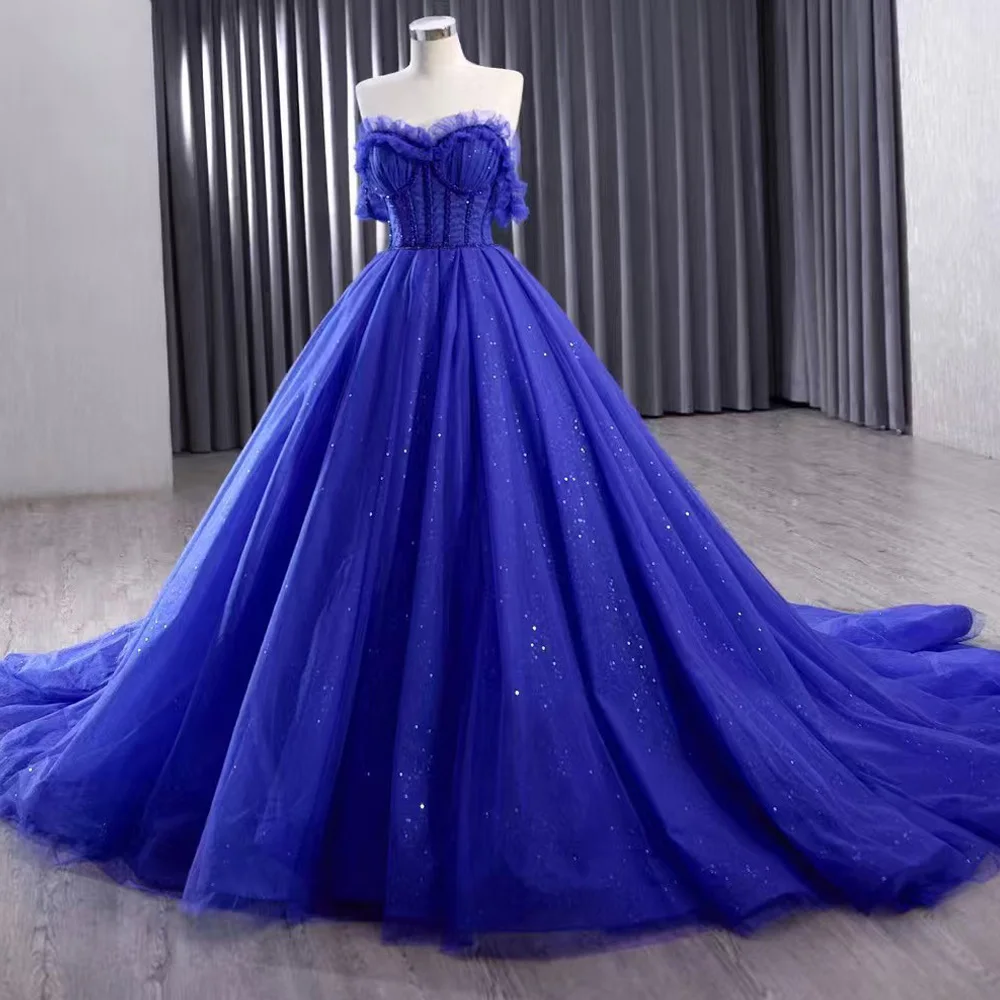 

Элегантное синее вечернее платье с открытыми плечами и шнуровкой сзади, настраиваемое 2026