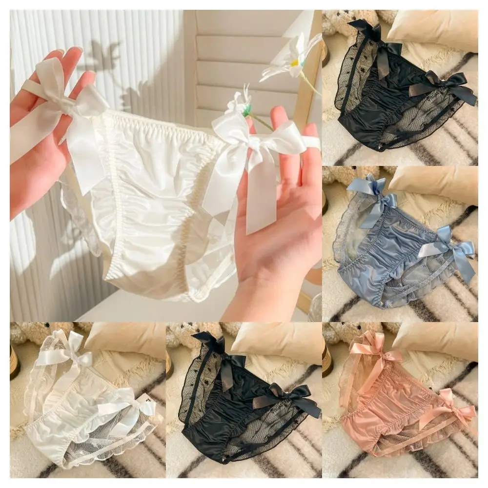 Sweet Ribbon Bow Mesh Ruffle Satin Silk Bow Briefs Transparent Low Waist Women's Lace Mesh Bowknot Panties Lingerie Elastic Girl