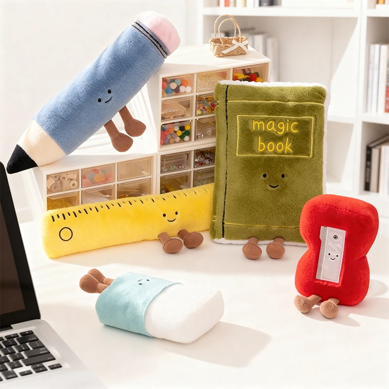  Simulated Stationery Plush Set - Includes Pencil, Eraser, Ruler & Book Designs, Suitable for Decoration and Play, Soft Texture,