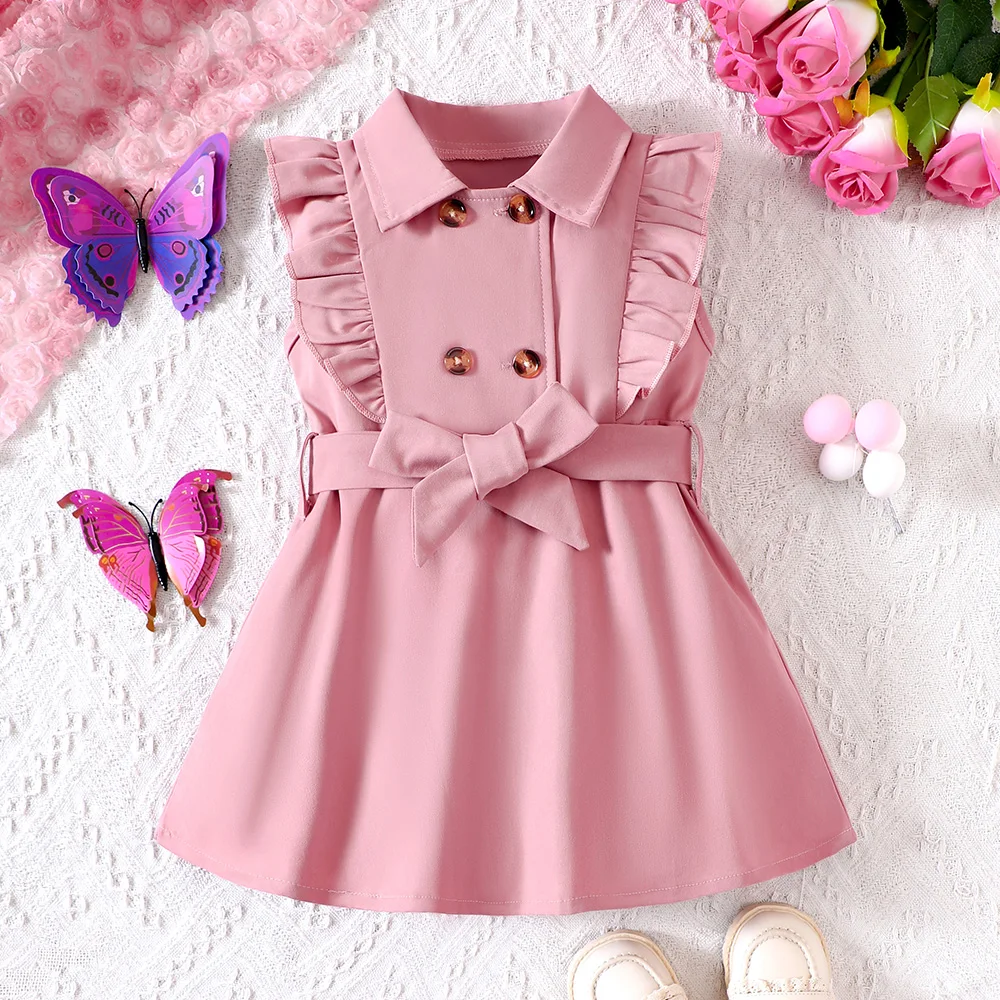 Wholesale Kids Girls Retro Solid Color Trench Belted Dress Double Breasted Elegant Summer Baby Dress