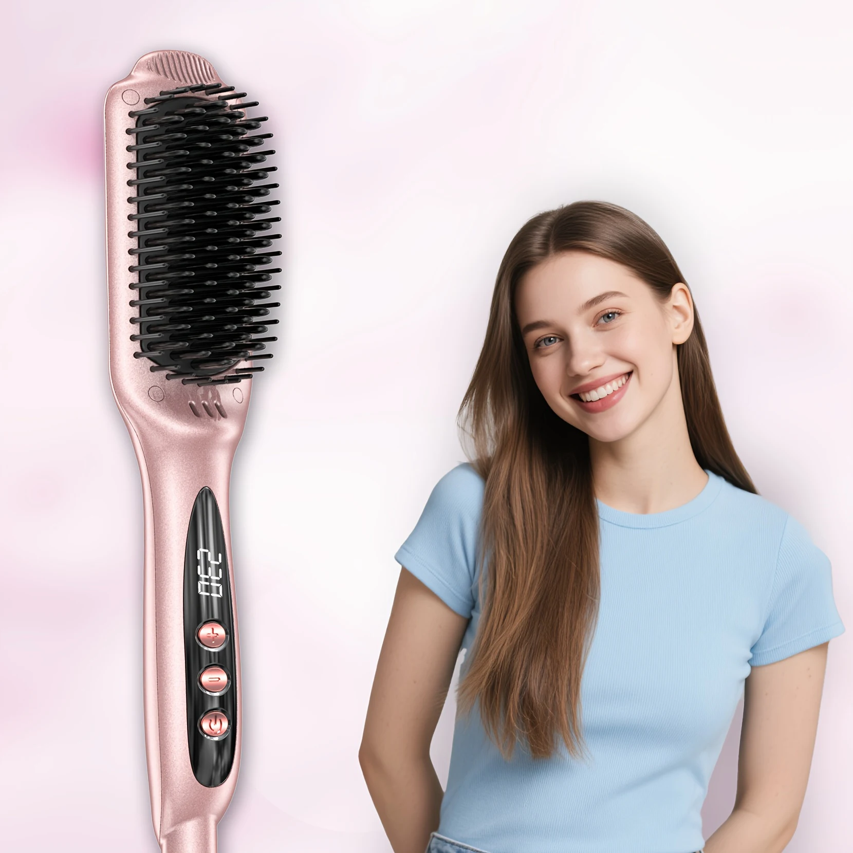 LANDOT Hair Straightener Brush, 30s Fast Heat Anti-Scald Hot Comb with Ionic Ceramic Bristles, Salon-Smooth & Frizz-Free Results