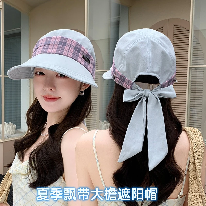 Spring Summer Versatile Check-patterned Hat Outdoor Large Brim UPF 50+ UV Protection Sun Hat Korean Women Bow Travel Beach Cap
