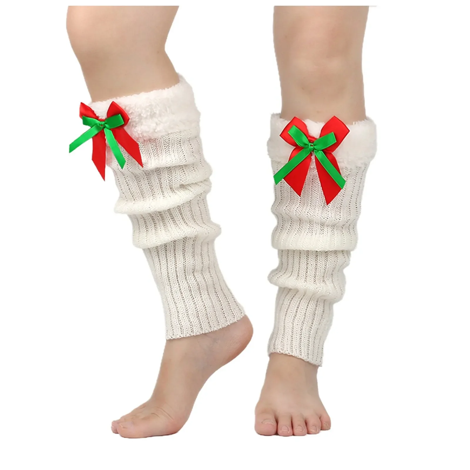 Christmas Leg Warmers For Women Fleece Warm Knitted Stocking Bow Wool Cute Girls Foot Covers Cold Weather Accessories