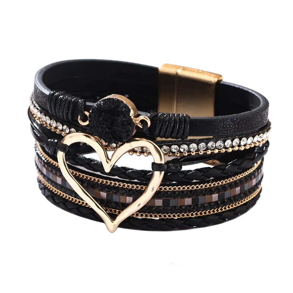 WYBU Love Heart Charm Leather Bracelets For Women Fashion Braided Bangles Multilayer Resin Stone Hollow Leather Wrap Bracelets