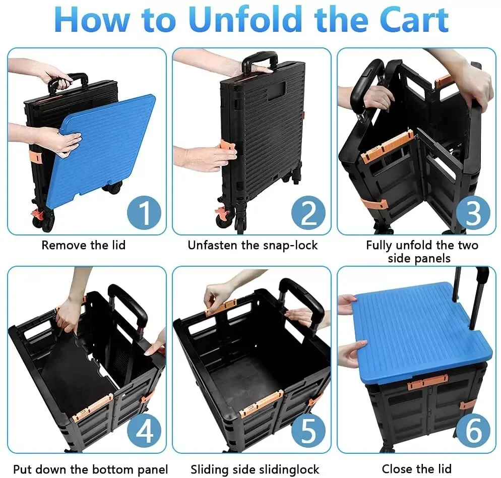 SELORSS Foldable Utility Cart Folding Portable Rolling Crate Handcart Heavy Duty Telescoping Handle Collapsible 4 Rotate Wheels