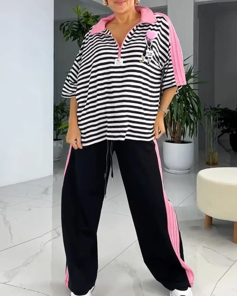 

Women Two Piece Pant Sets Zipper Striped Tops Half Sleeve Spliced Tracksuit Loose Drawstring Midi Waist Pants Suit Casual