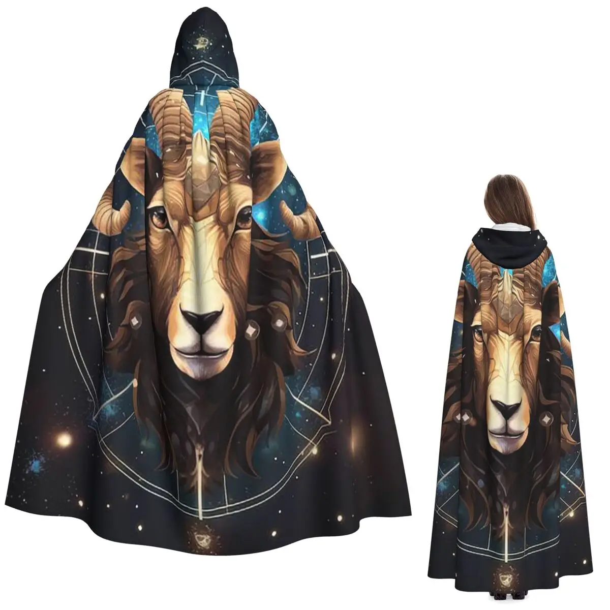 Capa Larga con Capucha con Estampado de Cabra Celestial y Cuernos de Carnero del Zodíaco de Aries, Disfraz Medieval de Bruja, Capa de Cosplay para Fiesta de Halloween, Unisex