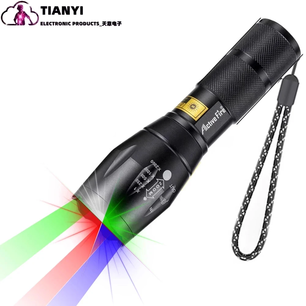 

Four in one multi-color flashlight with 300 lumens variable focus single mode white red green blue aluminum alloy flashlight