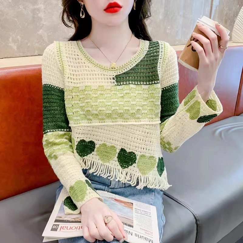 2023 nationaler Trend unregelmäßige Quaste Saum gestrickte Pullover für Frauen Langarm Block Farbe weibliche Pullover junge Dame Strick oberteile