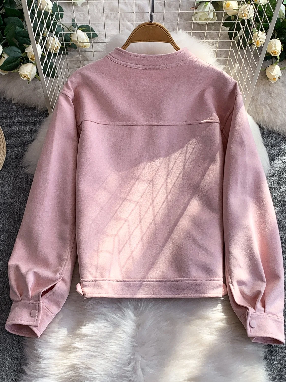 

Pink Deer Skin Velvet Jaet Women's Slim Fit Lace Trim Top Gentle Sle 2025 New Arrival ort Outerwear for Petite Ladies