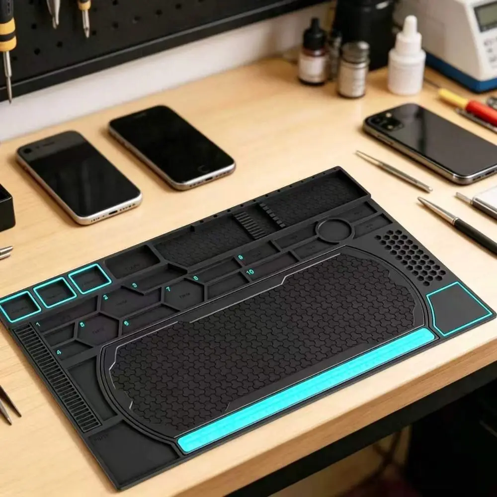 Heat Resistant Silicone Repair Mat Anti-Slip Magnetic Phone Repair Mat Labeled Compartments High Temperature Resistant