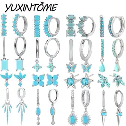 925 Sterling Silver Ear Needle Fashionable Literary and Fresh Geometry Silver Blue Turquoise Round Earrings Pendant Ear Jewelry