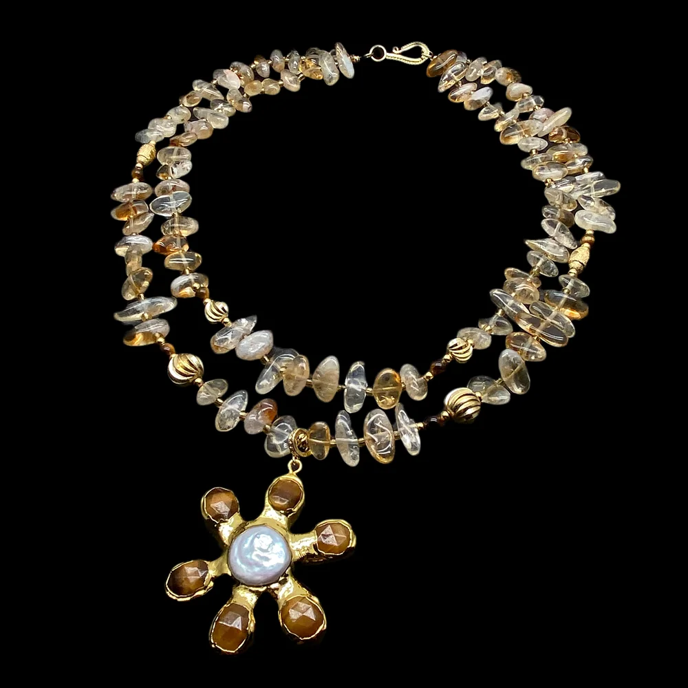 

Y·YING Tiger Eye White Coin Pearl Flower Pendant 2 Strands Natural Yellow Citrine Necklace Woman Jewelry