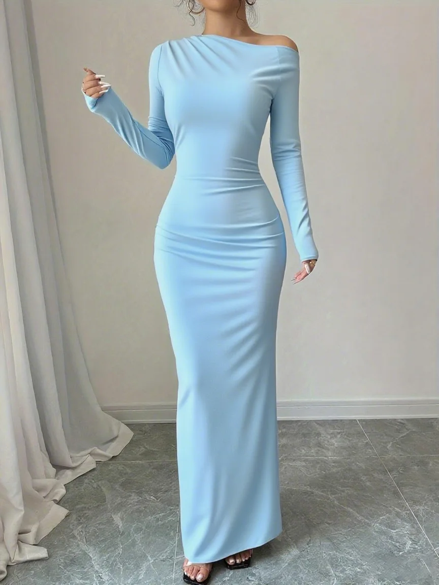 Robe femme couleur unie nouveau Style printemps automne coupe ajustée épaules dénudées manches longues décontracté Maxi longueur robe Ropa Mujer