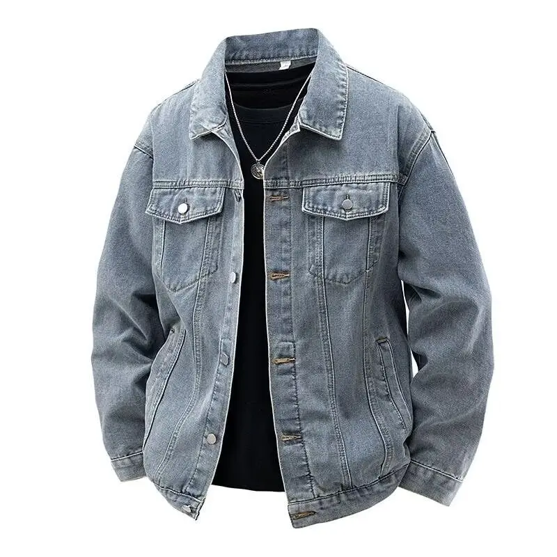 Washed Denim Jacket Loose Fit Men's Workwear Casual Jacket Korean Style Spring Autumn Cleanfit Long Sleeve Button Decorated
