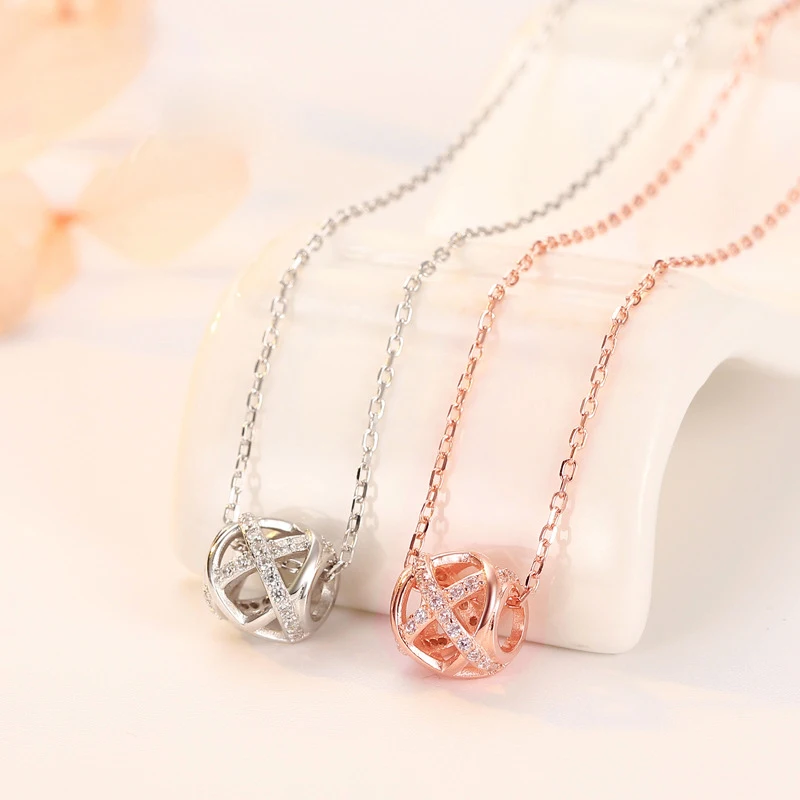 925 Sterling Silver Rose Gold Rotatable Hollow Ball Zircon Pendant Necklace Women Jewelry Gift Fine Round CZ Drop Clavicle Chain