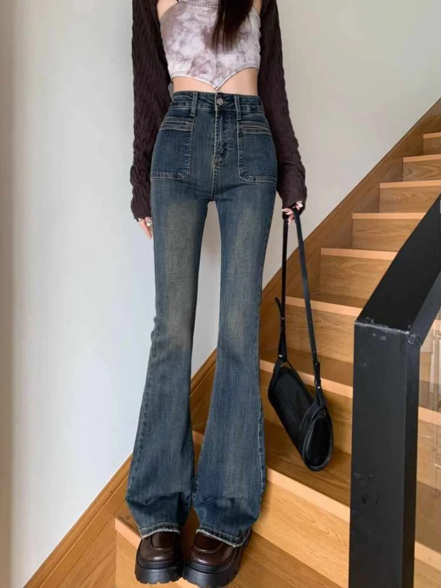 ريترو Fce اصطف عالية الخصر واسعة الساق مايكرو متوهج الجينز المرأة الخريف الشتاء حجم كبير السراويل التخسيس هوف