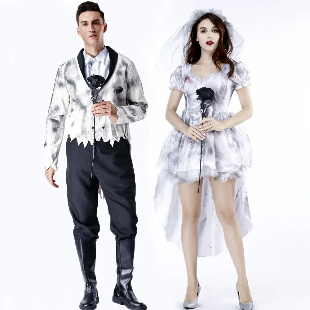 Fantasma do noivo Cosplay fantasia para homens e mulheres, vestido extravagante, vestido de noiva morta, roupas de Halloween, dramatização, noiva sangrenta