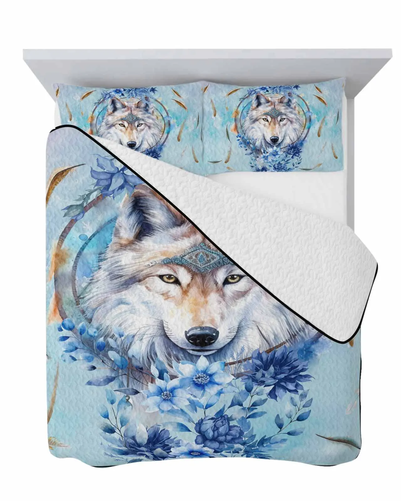 Watercolor Wolf Flower Feather Snowflake Blue Summer Cooling Quilt Air Condition Blanket Comfortable Lightweight Thin Quilt