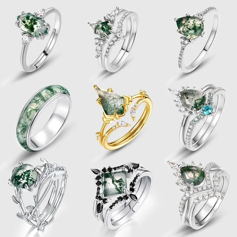 

MUSHAN Luxury Jewelry Natural Aquatic Plant Agate Ring S925 Silver With Green Moss Stone Combination Setting