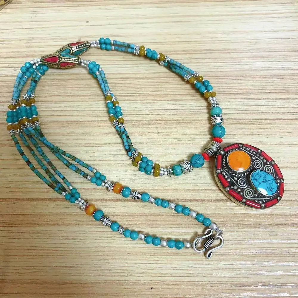 NK239 Nepal Jewelry Colorful Stone Oval or Round Pendant Necklace Ethnic Tibetan Lapis Coral Beaded Women Necklace