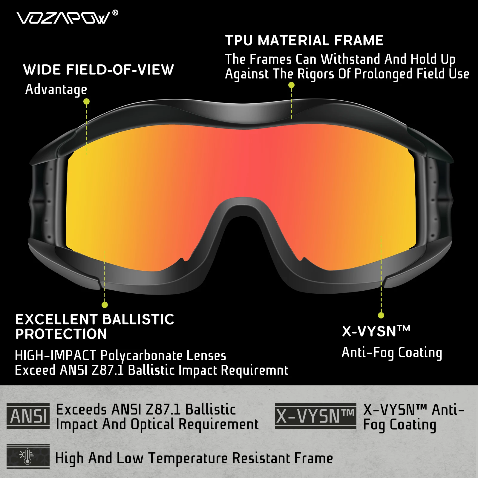 Vozapow Airsoft Tactical Goggles Anti Fog Impact Resistant Sunglasses Shooting Safe Protection Motocross Mountaineering Glasses