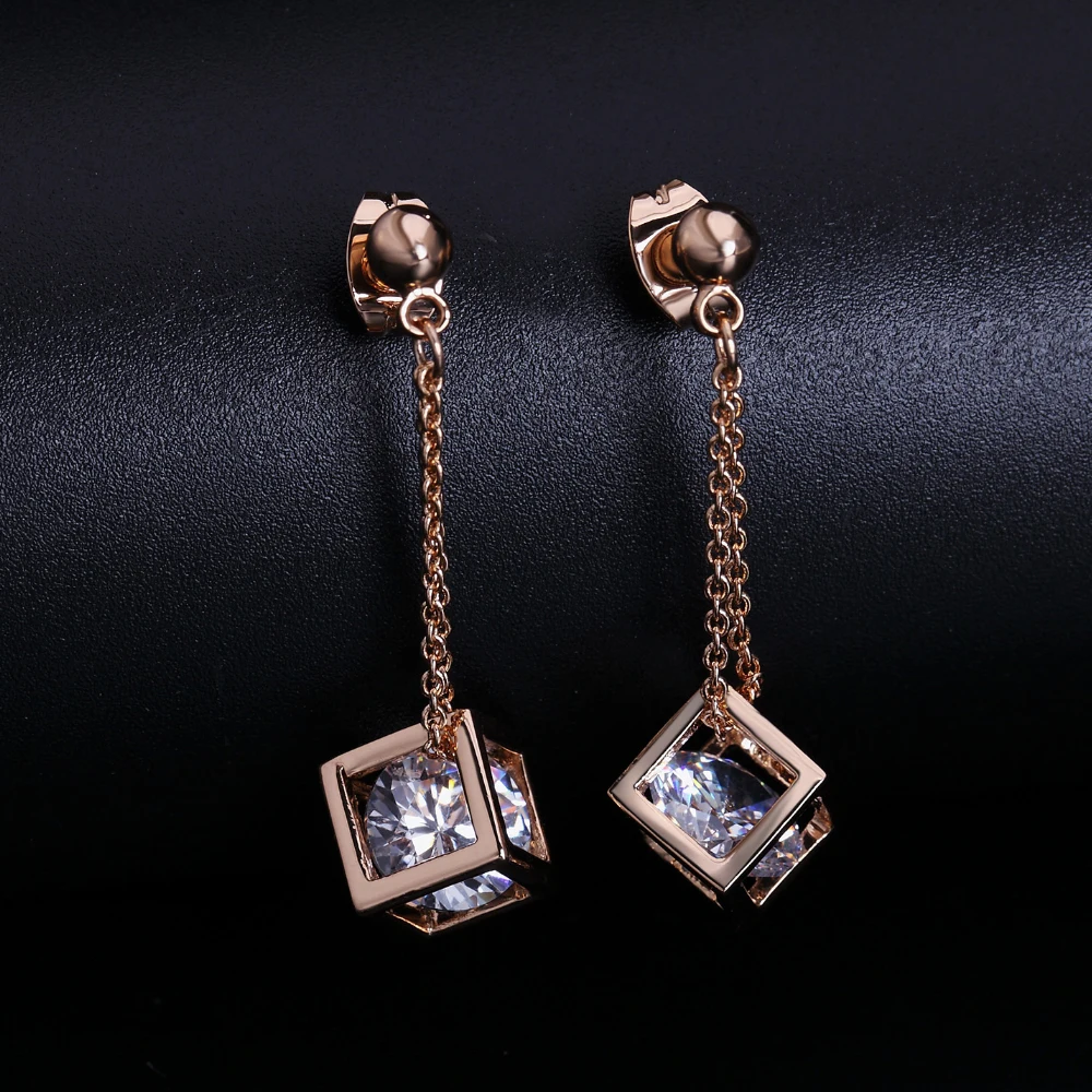 ZHOUYANG Top Quality Crystal Cube Drop Earrings Rose Gold Color Earring Jewelry  Austrian Crystal ZYE661 ZYE652