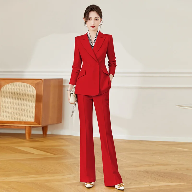 

Newest Fashion Red Pant Suit Set Women's Solid Casual Peak Lapel Double Breasted Blazer Flare Pants Suit for Business Office