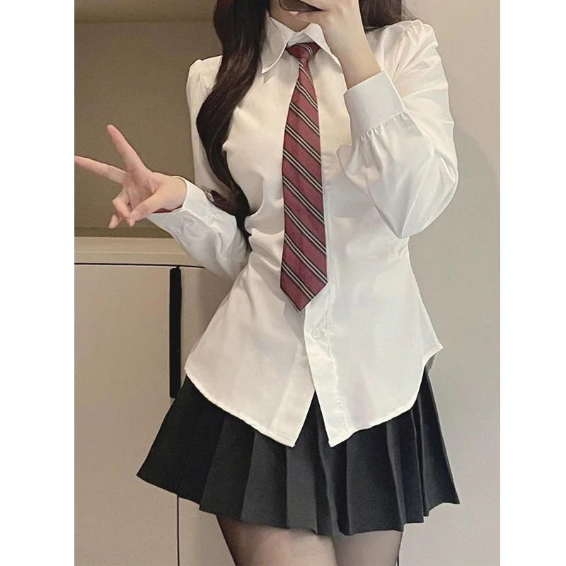 JK Uniform Two Piece Set for Women Sexy Sweet Lace Up with Tie White Long Sleeve Shirt Female High Waist Sexy Pleated Mini Skirt