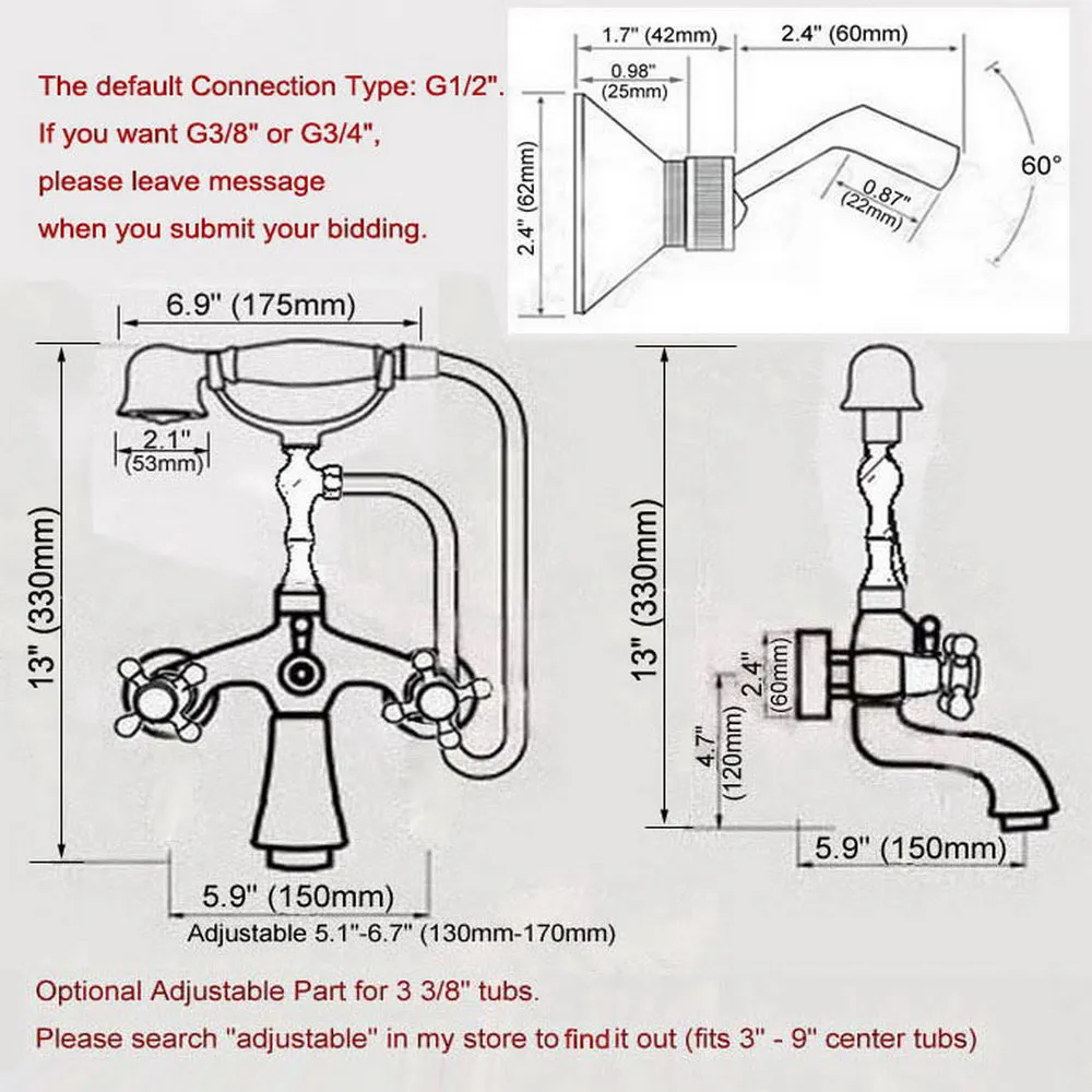 Chrome Brass Double Handle Wall Mounted Bathroom Tub Faucet Set with 150CM Hand Held Shower Spray Mixer Tap 2na757